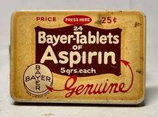Vintage 1950s Bayer-Tablets Of Aspirin Hinged Tin, 24 Tablets, 25Cents "Genuine"