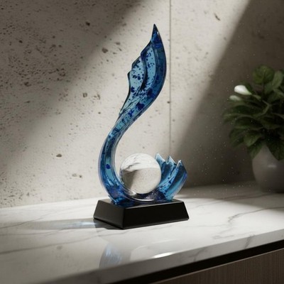 Blaue Welle Statue mit Kristallkugel Licht Luxus Feng Shui Wohlstands Figur