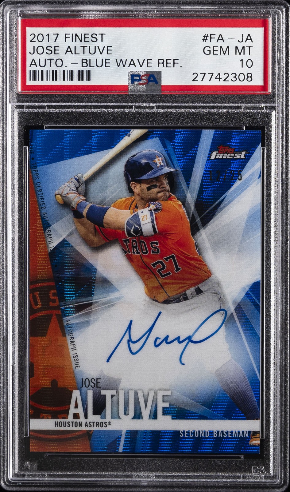 2017 FINEST AUTO BLUE WAVE REFRACTOR #FA-JA JOSE ALTUVE #/25 PSA 10 AUTO