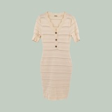 Elie Tahari Cream Pointelle Knit V-Neck Short Sleeve Sweater Dress Large