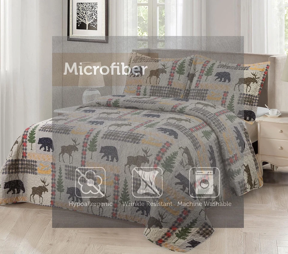 Brown Rustic Quilted Bedding Set – Buffalo Check Plaid Bear, Moose & Pine Tre... - Image 3 of 4