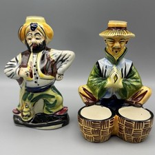 Vintage Empty Drioli Italy Liquor Bottle Chinese & Ottoman Man Figurine Pair