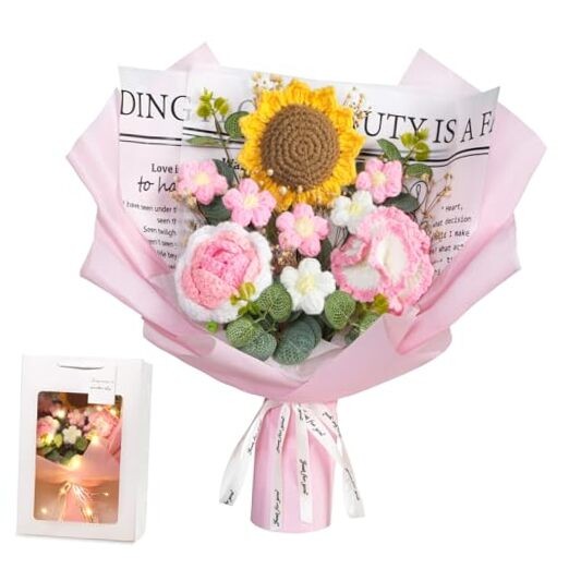 MEIVINES Handmade Crochet Flowers Bouquet,knitted Sunflower-Pink