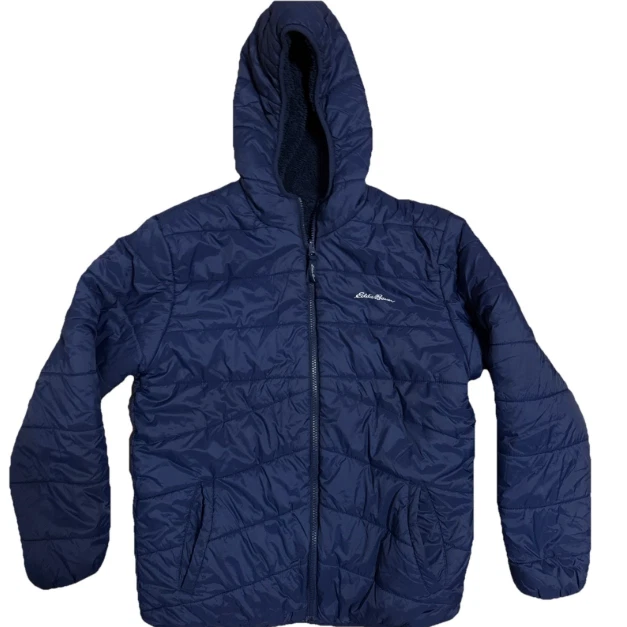 Eddie Bauer Men’s Small Reversible Navy Blue Hooded Puffer Jacket