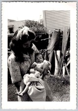 Vtg B&W Snapshot Young Mother Holding Newborn Baby Backyard Deckled Edge 1940s