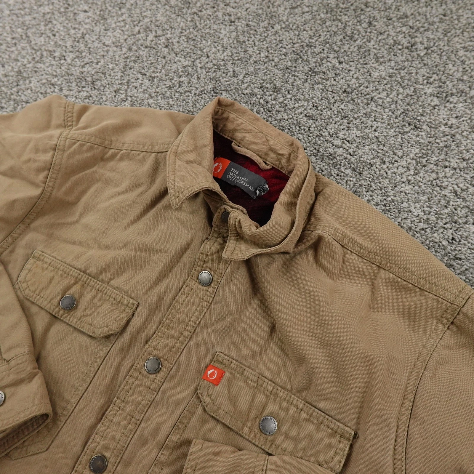 American Outdoorsman Jacket Mens L Brown Canvas Flannel Lined Shacket Coat Hike