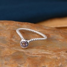 Natural Pink Amethyst Ring Sterling Silver Rope Band Birthstone Solitaire Ring