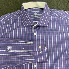 Bugatchi Button Down Shirt Mens 18 34/35 Purple Plaid Long Sleeve Uomo Lion Logo