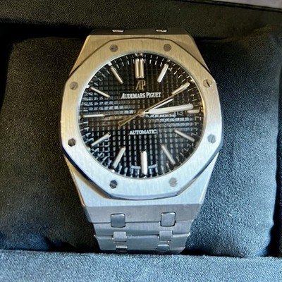 Audemars Piguet Royal Oak Automatic Black Tapisserie Dial Date Steel Bracelet