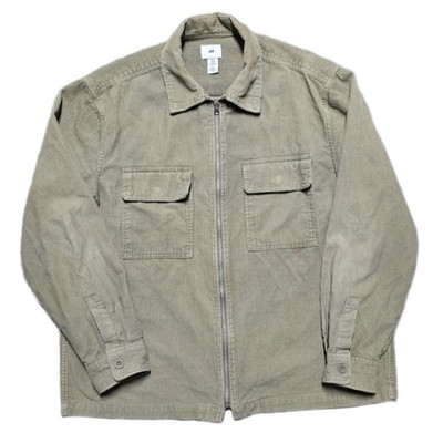 H&M Corduroy Chore Field Jacket Mens L Olive Chest Pocket Zip Collared Outdoor