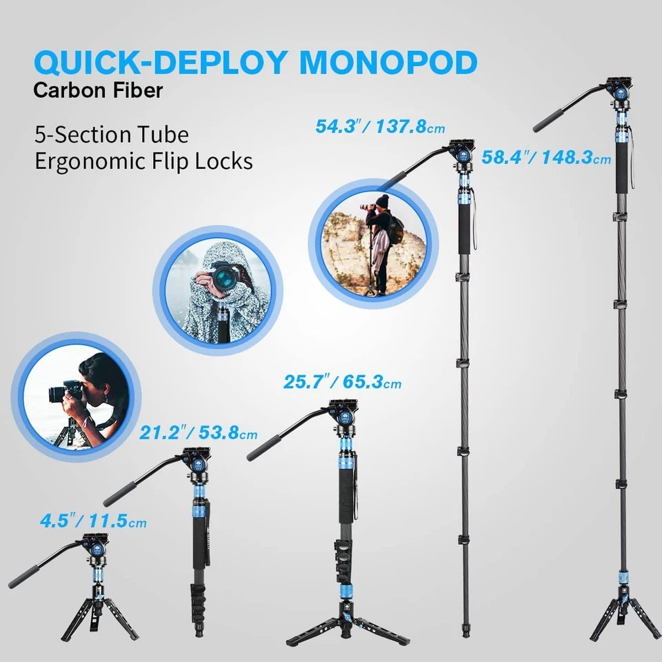 SIRUI P-325FS+VA-5 Carbon Fiber Camera Tripod Monopod Kit With Fluid Video Head - Image 3 of 4