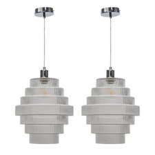Set of 2 Modern 7 Tier Large Glass Chrome Ceiling Pendant Lights Kitchen Dining