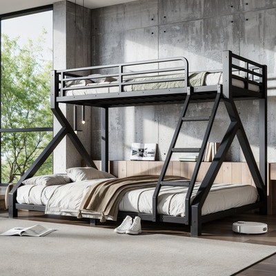 Twin XL over Queen Bunk Bed with ladders, Metal Bunk Bed Low Profile Bunk Bed