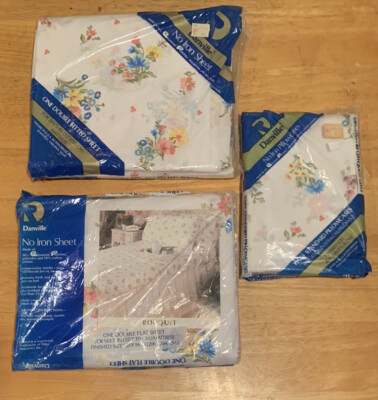 Vintage Danville Sheet Double Flat Fitted Pillow Cases Floral Bed NOS Set B9