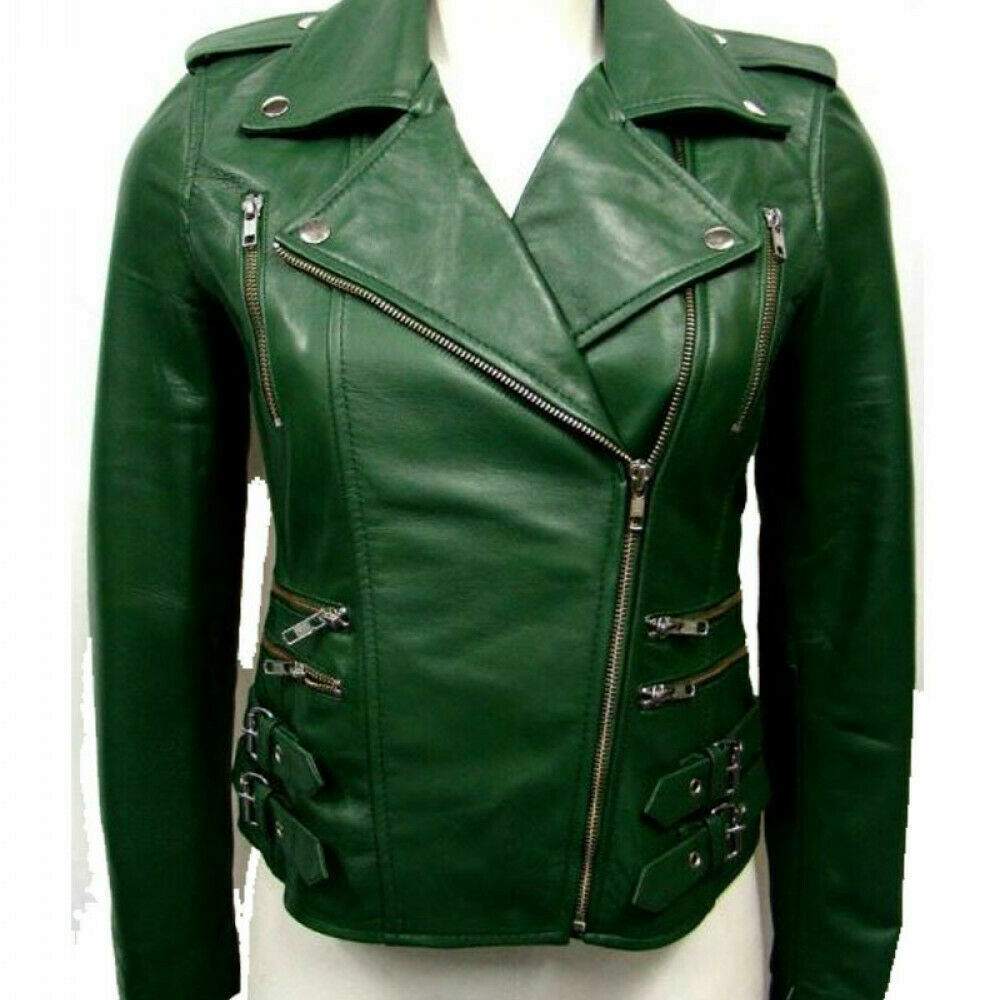Women's Slim Fit Green Real Leather Biker Jacket Motorcycle Style