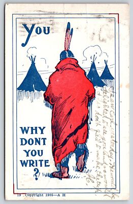 Native Americana Indian~Cartoon Indian Why Don't You Write~1905 UDB Postcard