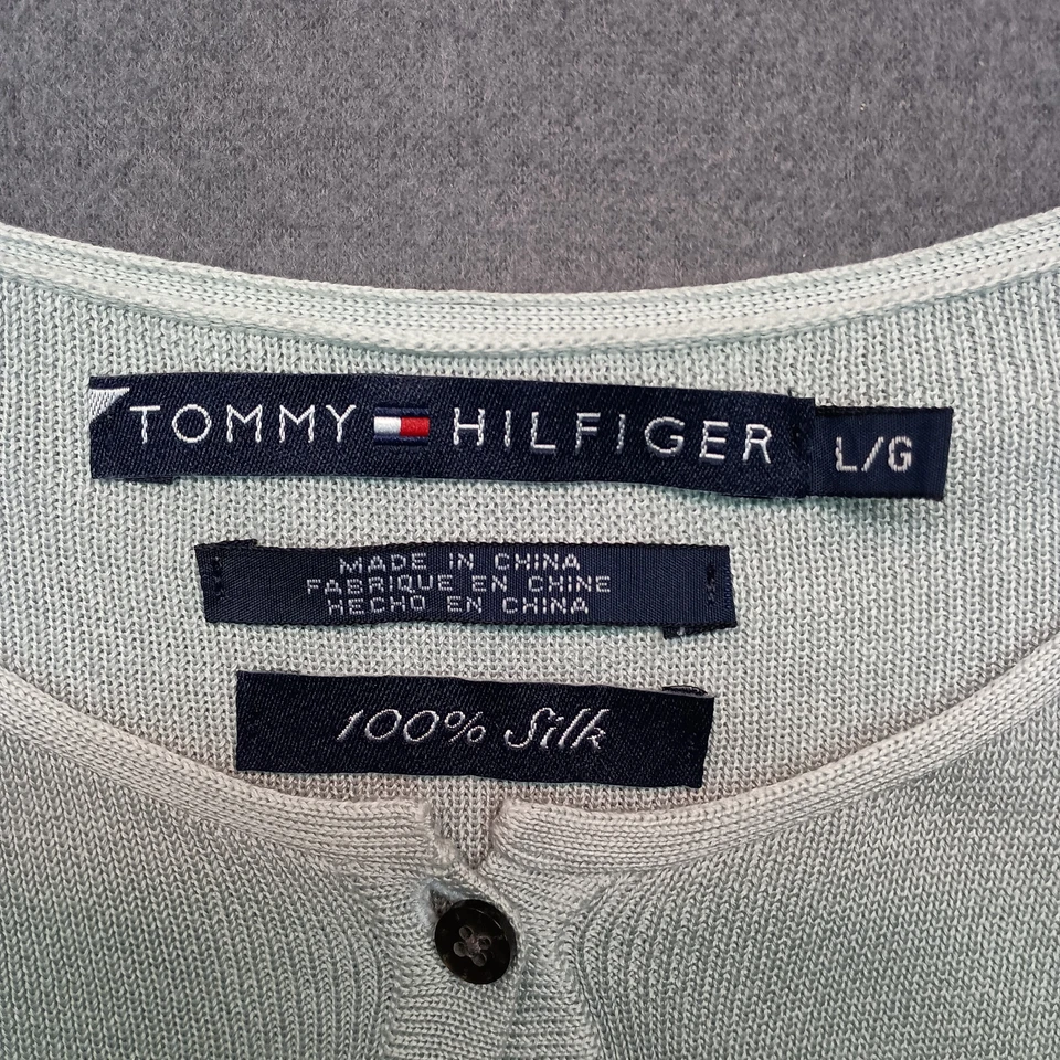 Винтажный Tommy Hilfiger кардиган женщин большой бирюзовый 100% шелк зеленый синий свитер Y2K - Изображение 2 из 4