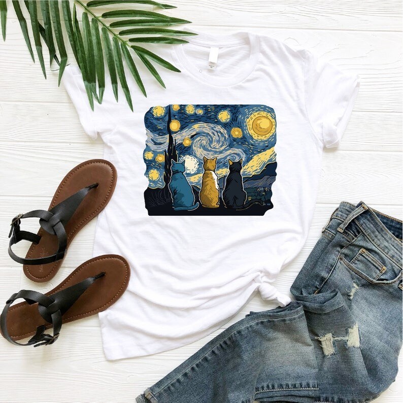 HOT-Starry Night Cats Shirt, Van Gogh Style Cats Shirt, Cat Lover Shirt, Van Go