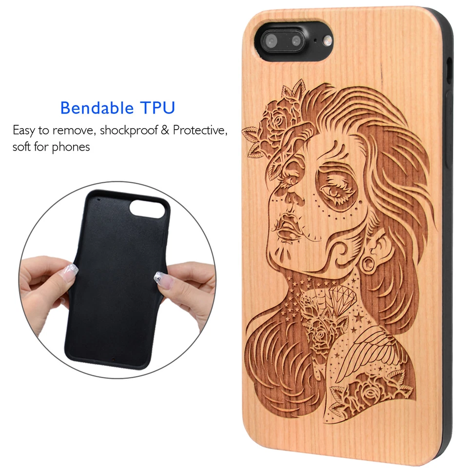 骷髅女士木质手机壳包括屏幕保护膜或磁性车载支架 — 第 4/4 张图片