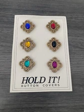 Vintage Hold It! Button Cover Set Of 6 COSTUME JEWLERY Colored Gem Gold Tone 