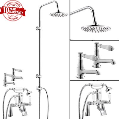 Traditionelle Bad Dusche Mischbatterie mit 3-Wege Runde Starre Riser Kit & Waschtischarmaturen Paar