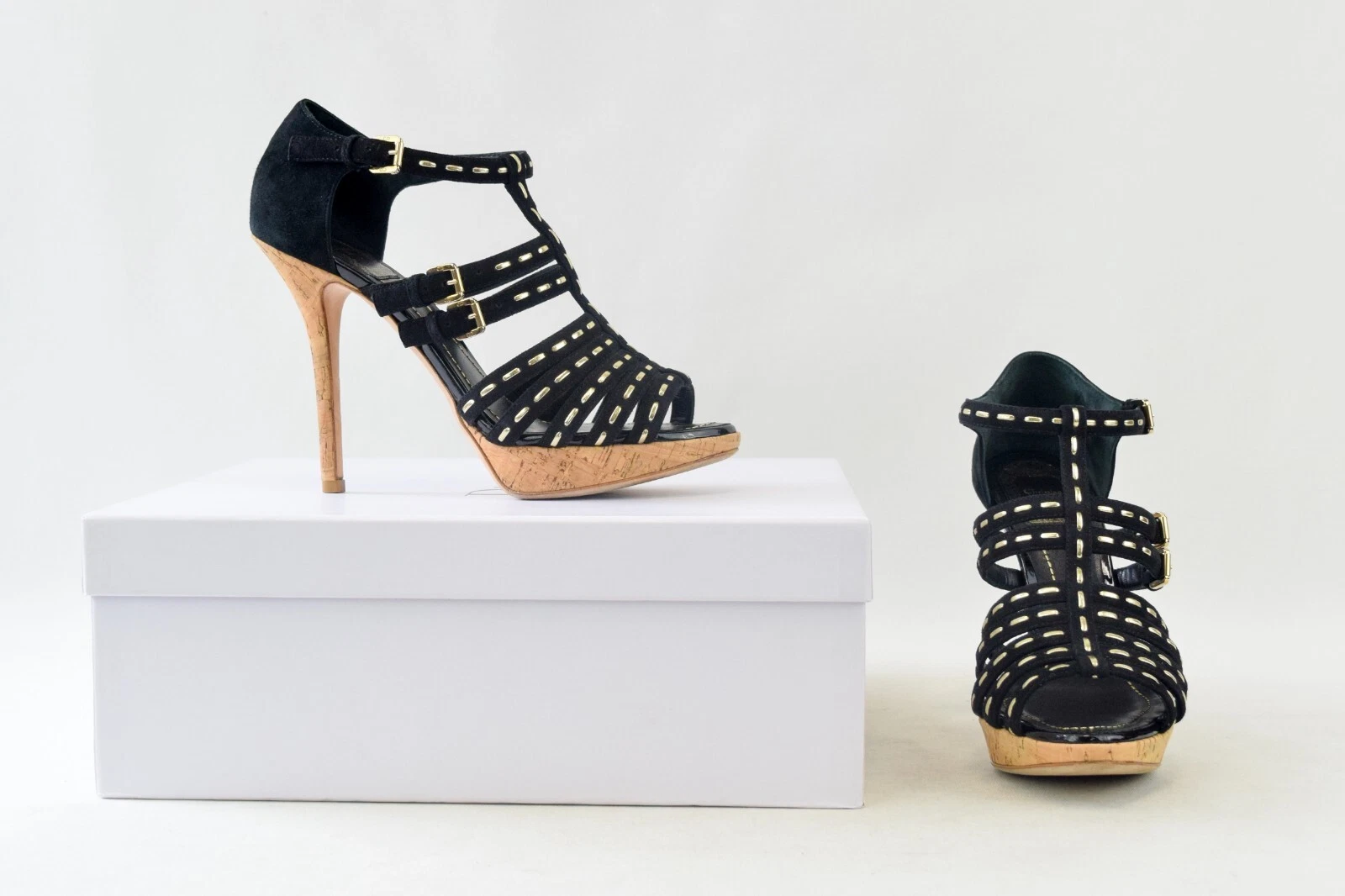 Sandales plate forme en daim Christian Dior Antica talons 37,5 noir champagne or 7,5