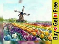 Tulip Field Windmill 5"x7" Print on Matte Paper | Vibrant Landscape Painting