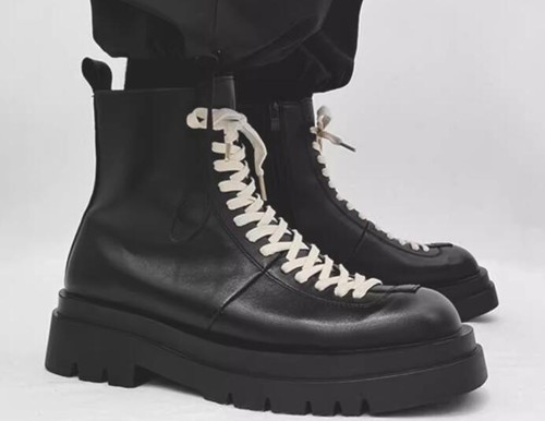Herren Punk Runde Spitze Schnürung Leder Stiefeletten Plateau Western Reitschuhe - Bild 3 von 9