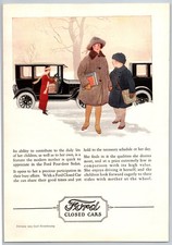 Vintage 1924 Ford Clsoed Cars, Kids, Winter Scene, Car 20's Print Ad