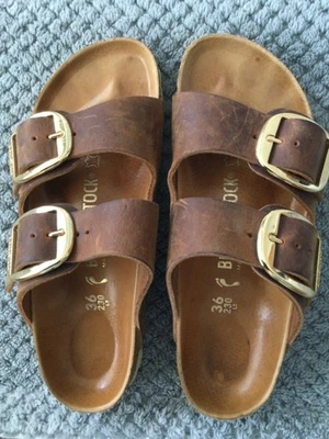 Ladies Birkenstock Sandals Arizona Big Buckle Oiled Leather Cognac Size 36