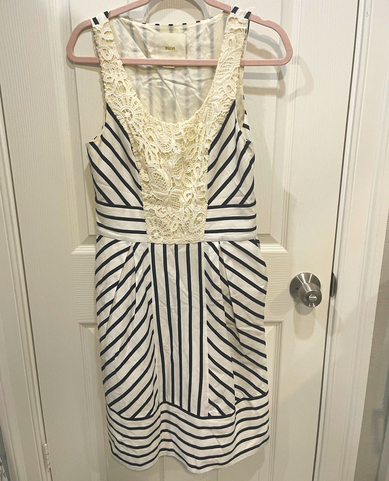 Maeve White Navy Striped Lace A-Line Scoop Neck Zip Pocket Knee Dress 8