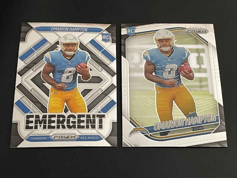 2) 2025 Panini Prizm Emergent Omarion Hampton #9 RC + Base RC #355 Chargers