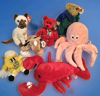 7 Ty Beanie Babies    Assorted Animals Tags some MWMT JELLY BELLY beans DOLL
