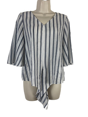 F&F Damen Top Gr. 8 locker sitzend marine weiß gestreift V-Ausschnitt 3/4 Arm 