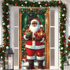 African American Christmas Door Cover Black Santa Christmas Photo Backdrop Me...