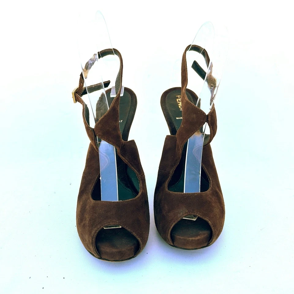 Zapatos de salón vintage Y2K Fendi marrón chocolate plataforma punta abierta 6,5 36,5 Foto 4 de 4