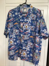 Disney Shop Men's Mickey Friends Tiki Hula Hawaiian Button Down Shirt XL Blue