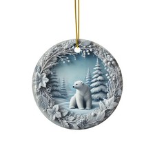 Winter Polar Bear Ceramic Christmas Ornament - Elegant Snowy Forest Decor