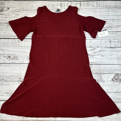 Clara Sun Woo Mock Neck Open Shoulder Dress Sz L Burgundy Liquid Knit Stretch