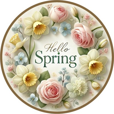 Hello Spring Floral Round Aluminum Wreath Sign Easter Garden Decor