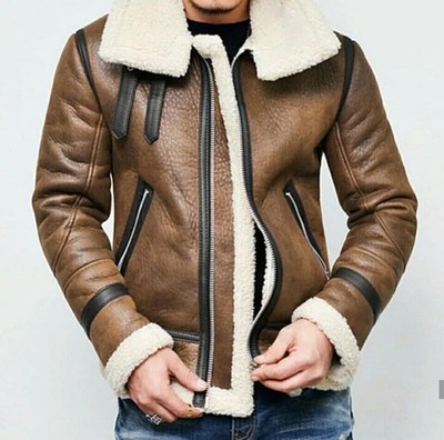 Men s Brown Shearling Aviator B3 Bomber Leather Jacket Fur Lined Winter Coat