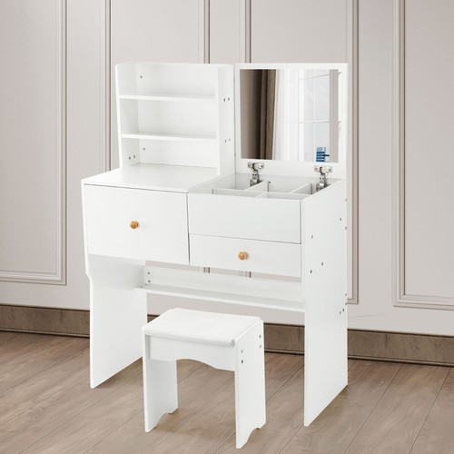 Dressing Table with Mirror and Chair Vanity Table with 3 Drawers and Shelves Ljn - Picture 13 of 16