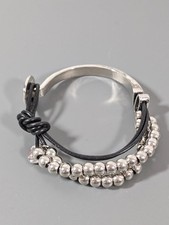 Boho Gothic Silver Tone Black Faux Leather Bracelet 6.5"