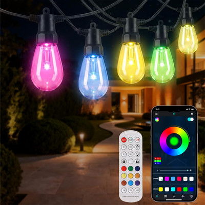 50FT Smart RGB Outdoor String Lights with Timer and Remote Control, IP65 Waterpr
