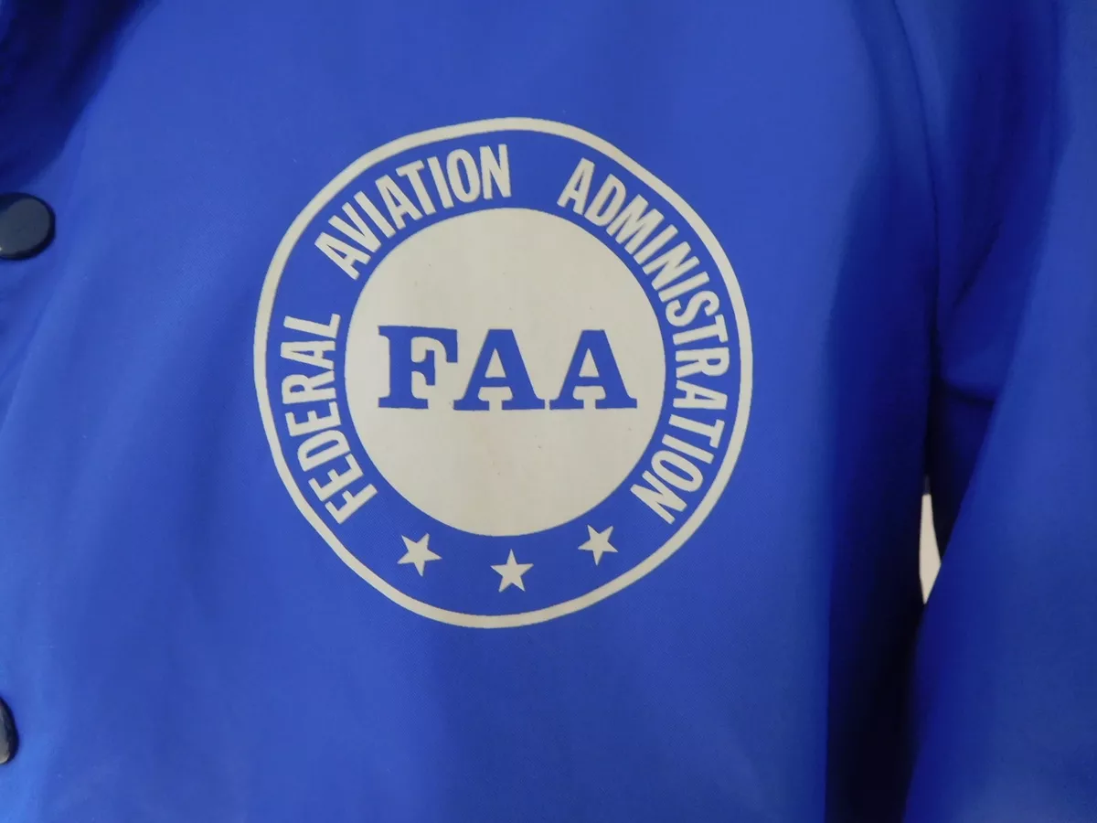 VINTAGE FAA FEDERAL AVIATION ADMINISTRATION BLUE WINDBREAKER JACKET WHITE LOGO