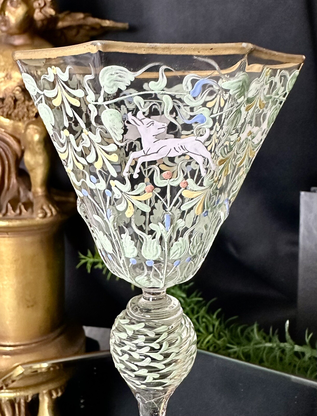 Moser Salvati Canine & Foliate Wine Glass Enameled c1900's Antique Gold Trimmed