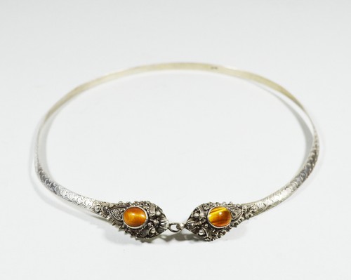 VINTAGE CHINESE EXPORT SILVER NECKLACE AND BRACELET WITH TIGER'S EYE DRAGON - Picture 6 of 9