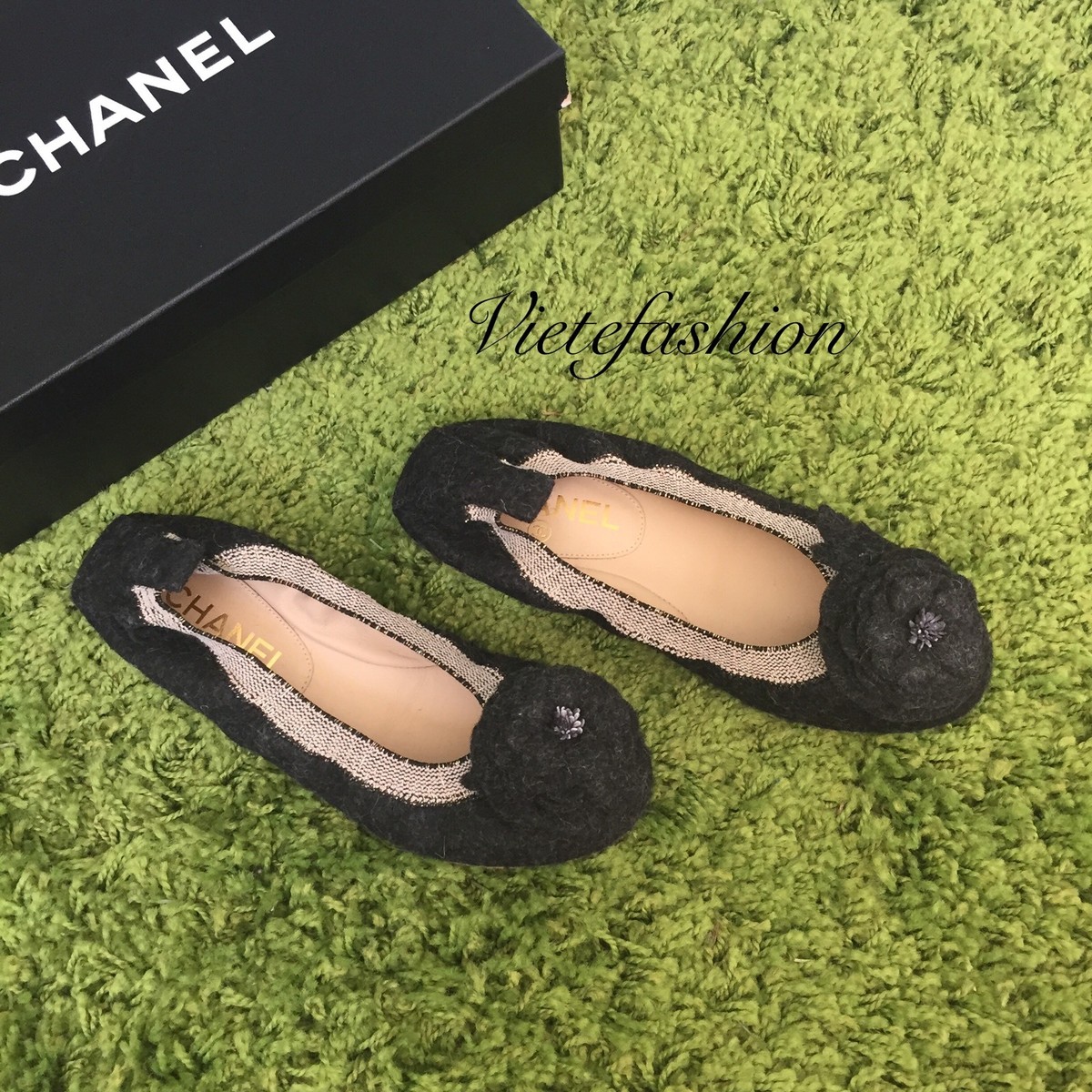 NIB Chanel Camellia Canvas Black Flat
