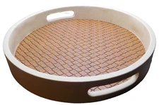 MAONAME 13" Beige & brown wood covered w/ fabric & laminate round Tray w/Handles