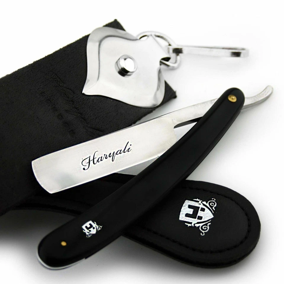 Juego de afeitado estilo peluquero corte recto garganta afeitadora y correa de cuero negro KIT DE REGALO Foto 4 de 4